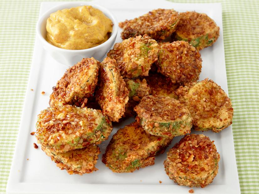 Pretzel-Crusted Pickle Chips with Mustard Sauce