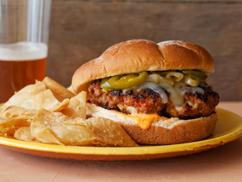 Latin Burgers with Caramelized Onion and Jalapeno Relish and Red Pepper Mayonnaise