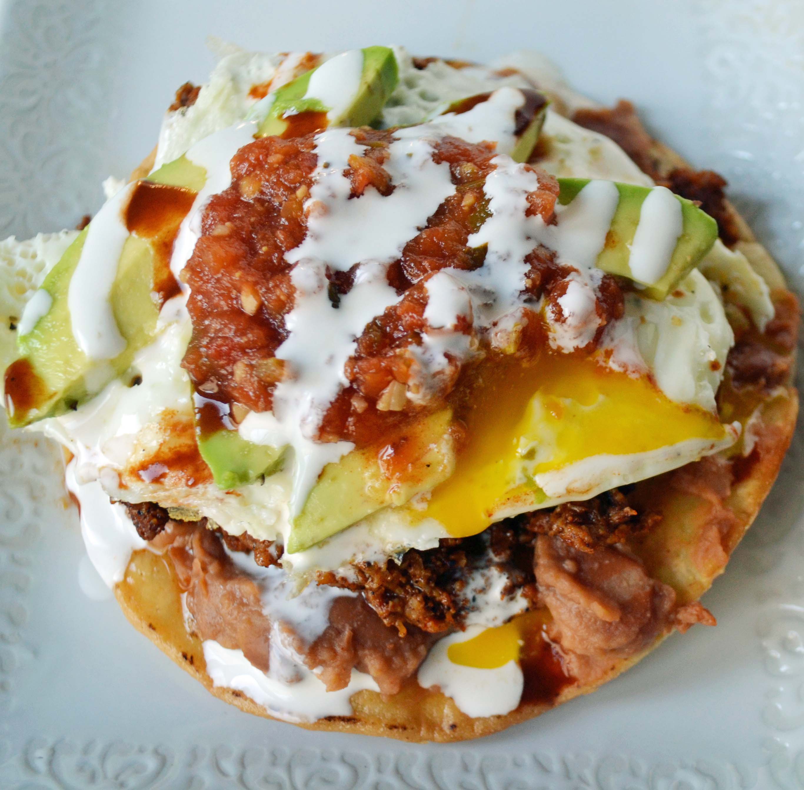 Tostadas with Eggs, Black Beans, and Chorizo