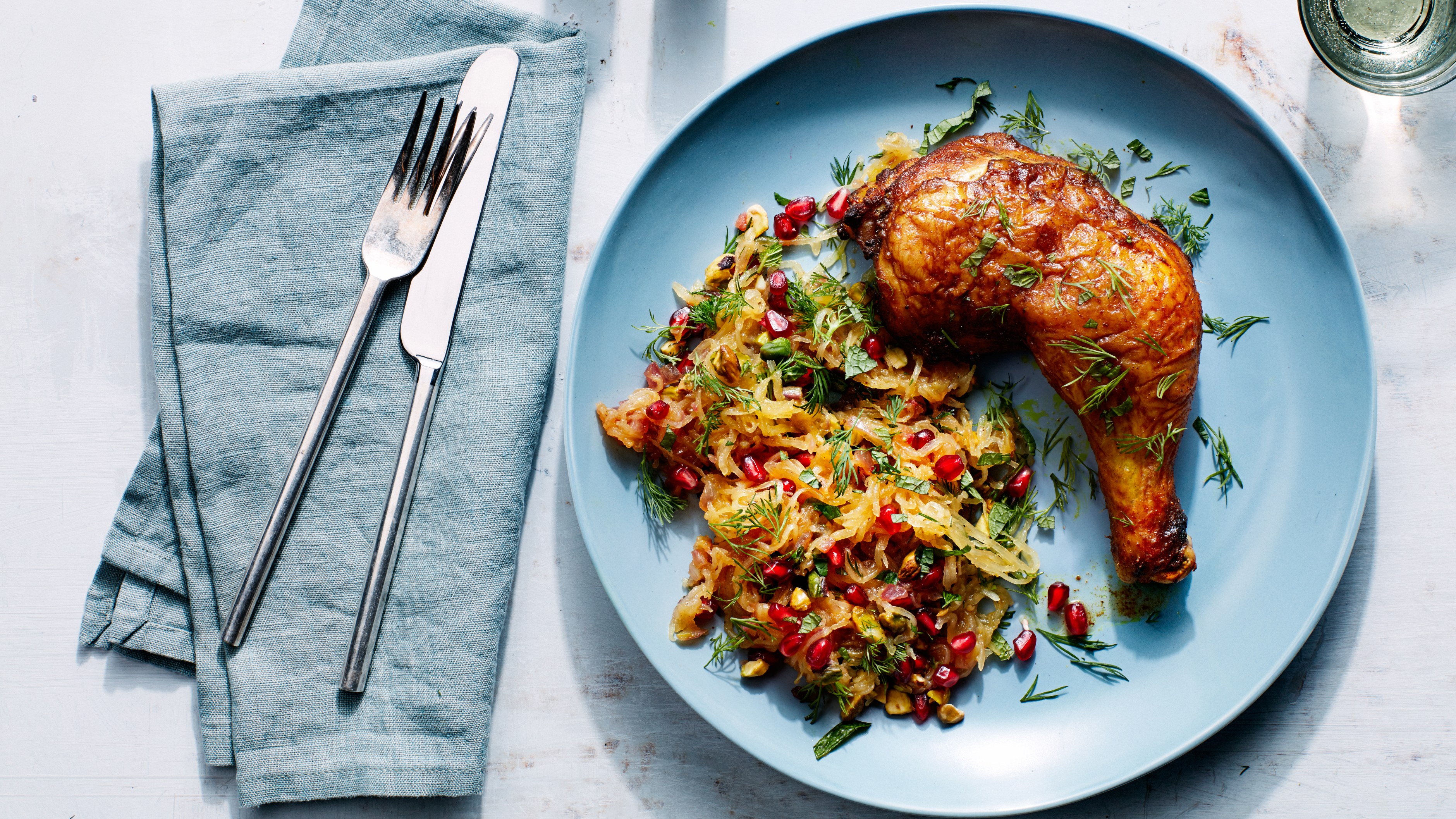 Persian-Spiced Chicken with Spaghetti Squash, Pomegranate, and Pistachios