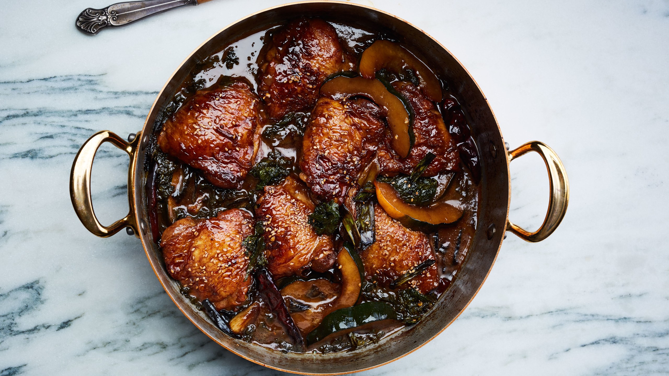 Braised Chicken Thighs with Squash and Mustard Greens