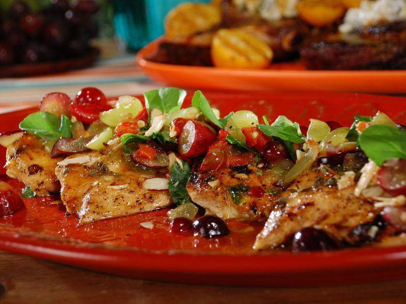 Grilled Chicken Salad with Apricot Glaze, Homemade Mustard Vinaigrette and Grape Salad