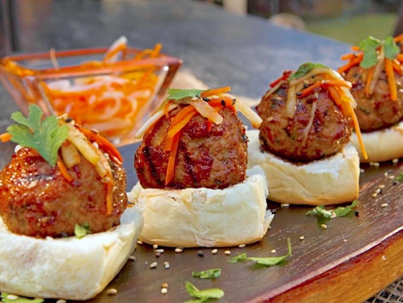 Asian Chicken Meatball Sliders with Pickled Carrot and Daikon