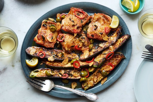 Crispy Pan-Seared Chicken and Zucchini with Olives and Lemon