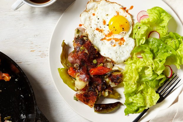 Shishito Pepper Potato Hash with Fried Eggs