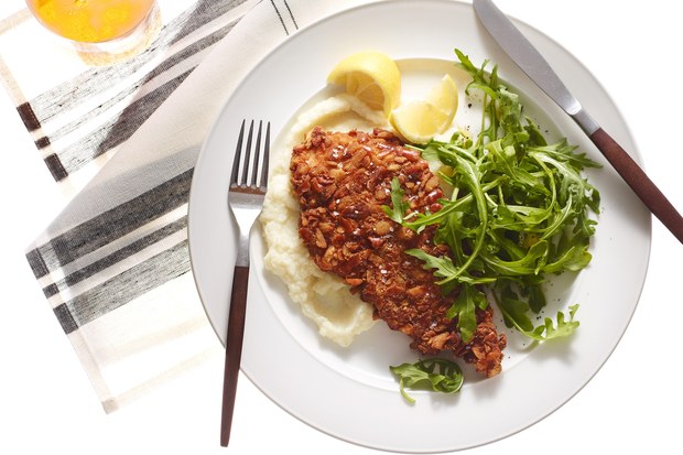 Pretzel-Crusted Chicken Cutlets with Cauliflower Purée and Arugula