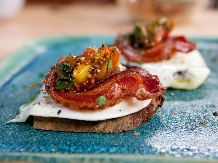 Olive Oil Poached Eggs on Toasted Sourdough with Crisp Pancetta and Tomato-Mustard Seed Relish