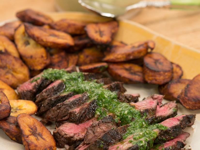 Blackened Hanger Steak with Plantains and Chimichurri