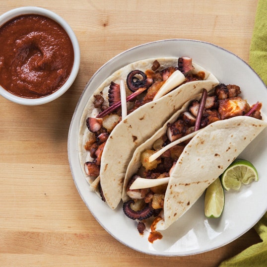 Charred Octopus Taco with Harissa, Chorizo Crushed Potatoes, and Pickled Ramps