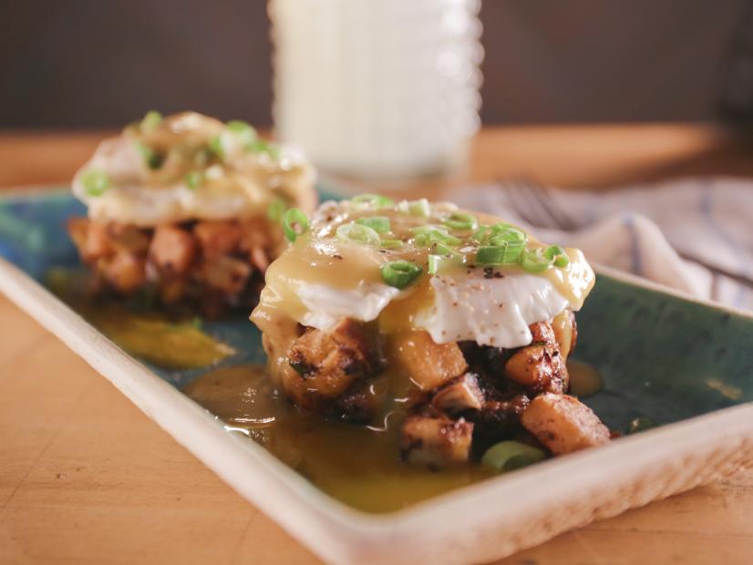 Jerk Chicken and Sweet Potato Hash with Poached Eggs and Mango-Habanero Hot Sauce