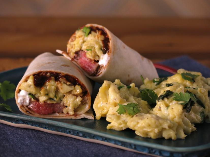 Breakfast Burritos with Mocha-Rubbed Steak, Green Eggs and Chocolate BBQ Sauce