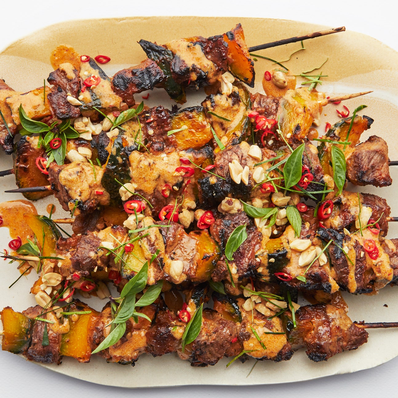 Phanaeng-Curry Beef Skewers With Grilled Pumpkin