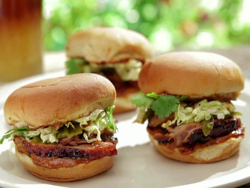 Caja China-Roasted “Peking” “Pekin” Pulled Duck Sliders with BBQ Creme Fraiche and Pickled Grilled Green Onions