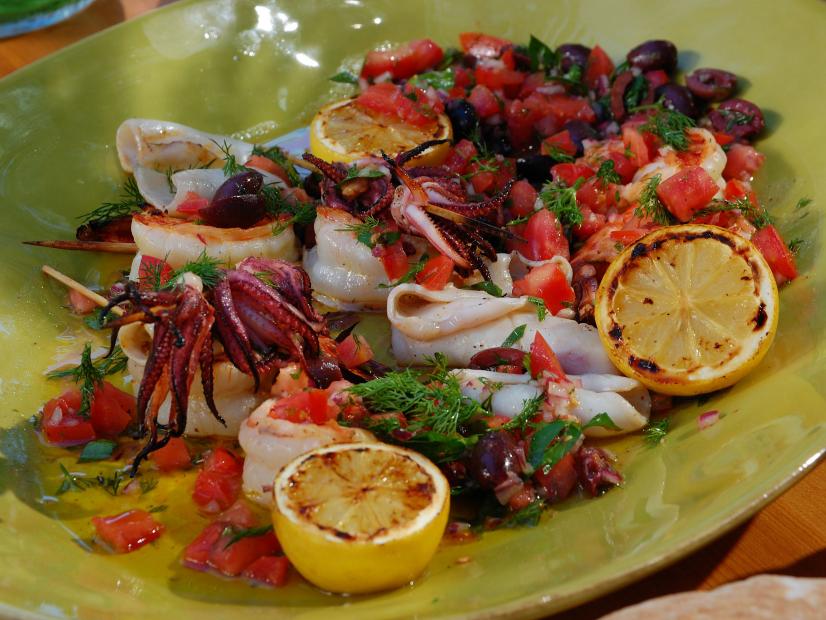 Charcoal Grilled Shrimp and Calamari with Grilled Lemons and Smoked Tomato-Black Olive Relish