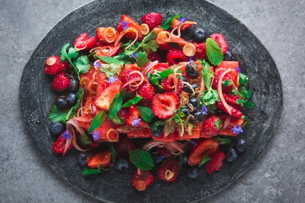 Watermelon-Berry Salad With Chile Dressing and Lots of Herbs