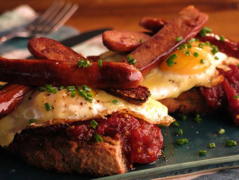 Bangers and Egg Sandwiches with Irish Cheddar on Brown Bread with Tomato Jam