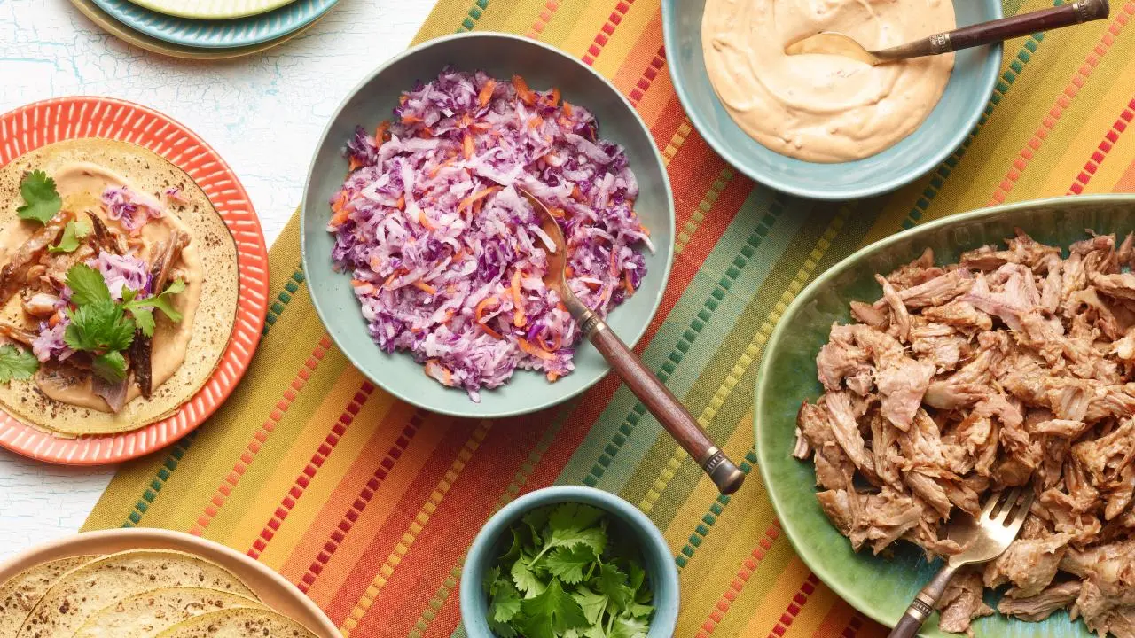 Cuban Pulled Pork Tacos with Guava Glaze, Sour Orange Red Cabbage-Jicama Slaw and Chipotle Mayonnaise