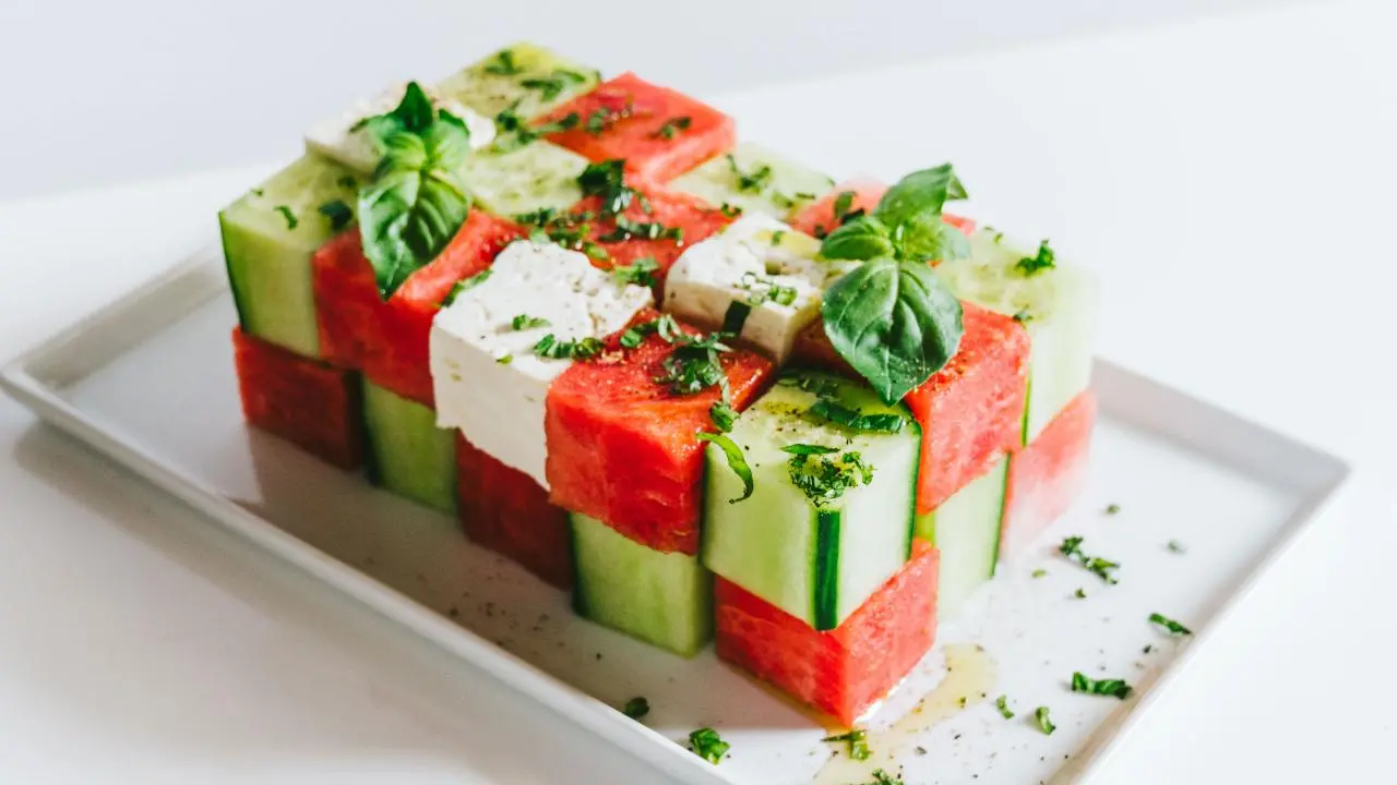 Cubed Watermelon, Cucumber and Feta Salad